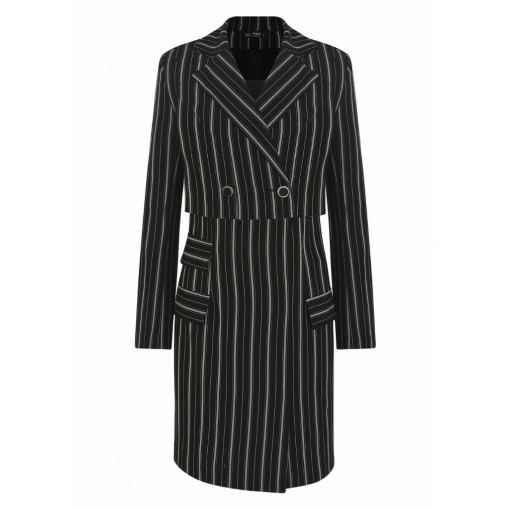 ชุดเดรสเรยอนผู้หญิงคอปกเสื้อกั๊กลายสก๊อตสีดํา V525 TNG WOMEN