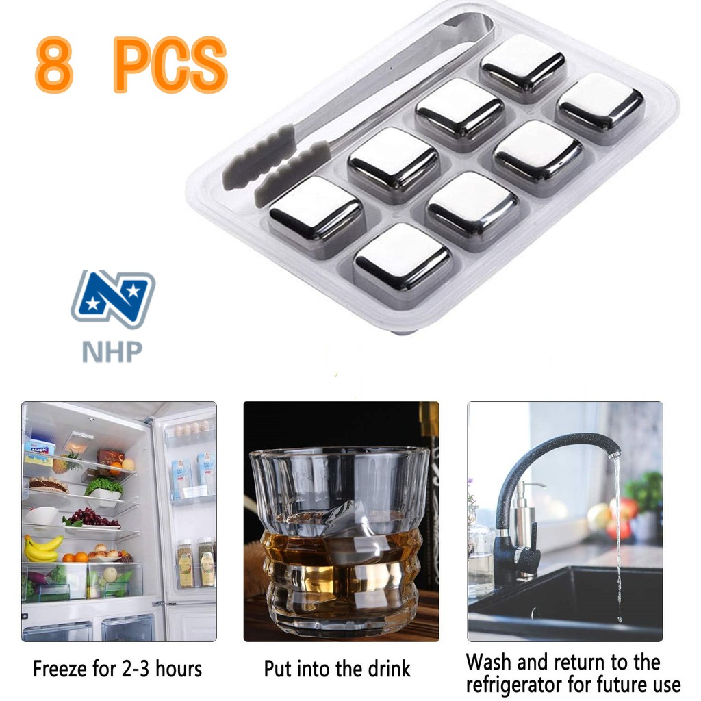 A02 ICE CUBE 8ชิ้น น้ำแข็งสแตนเลส 304 ก้อนน้ำแข็ง น้ำแข็งอัดเม็ด ถาดแช่เบียร์ ในครัวไม่มีวันละลาย