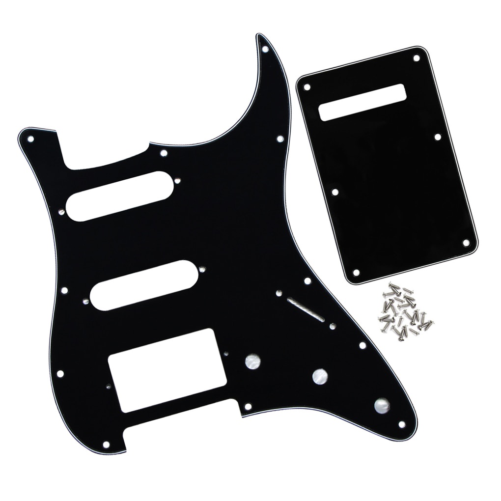 Fleor สีดํา 3Ply ชุด ST กีตาร์ Pickguard SSH HSS Scratch Plate ด้านหลังแผ่นและสกรูสําหรับ 11 หลุม ST กีตาร์