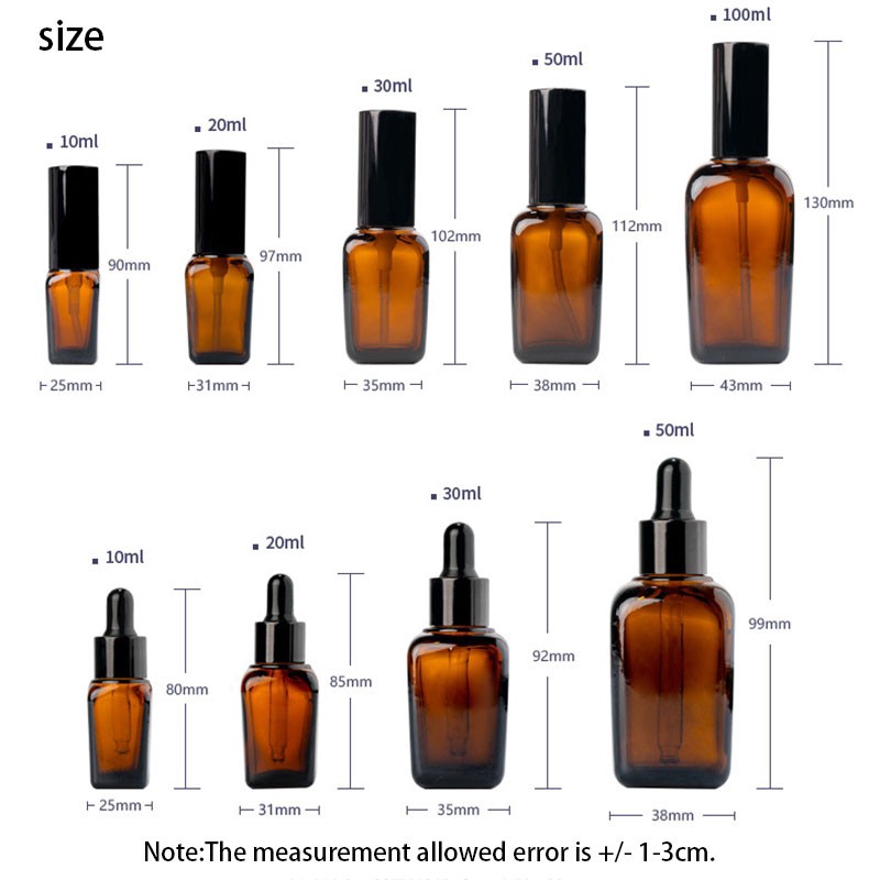 【Ready Stock】 Amber Square Glass Bottle with Spray/ Pump (Black Mist Spray Head) For Alcohol /Essential Oil / Cosmetics 10ml/20ml/30ml/50ml/100ml 酒精喷雾