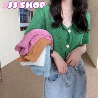 JJ shop 💜พร้อมส่ง เสื้อไหมพรมแขนสั้น คอวีสีพาสเมลน่ารักใส่สบายมาก "9523" -N