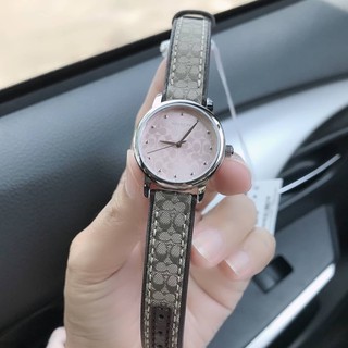 (ผ่อน0%) นาฬิกา ชมพู  Coach Grand Ladies Brown Leather Watch  -รหัส 14503399 ขนาด 28 mm. สายหนัง ลายซี