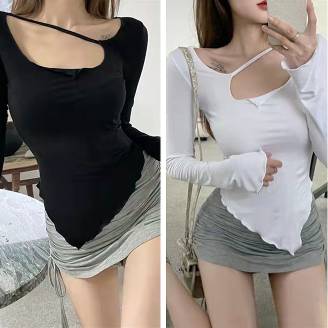เสื้อยืดแขนยาวคอกว้าง เสื้อแขนยาวสีพื้น ผ้านุ่มใส่สบาย เสื้อยืดคอกว้าง