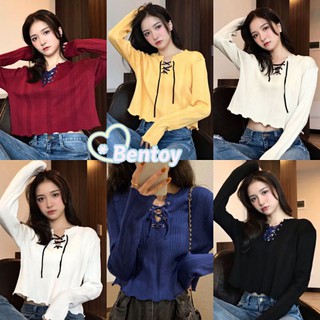 Bentoy*พร้อมส่ง*เสื้อครอปไหมพรมแขนยาวแต่งสายผูกหน้าน่ารัก（2101）