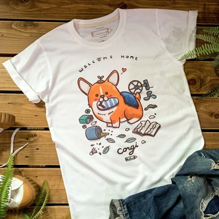 Corgi " Welcome Home " T-shirt เสื้อยืด ลายน้องหมาคอกี้