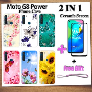 2 IN 1 เคสโทรศัพท์ Motorola Moto G8 Power พร้อมกระจกนิรภัยกันรอยหน้าจอเซรามิค ฟิล์มโค้ง ผีเสื้อ