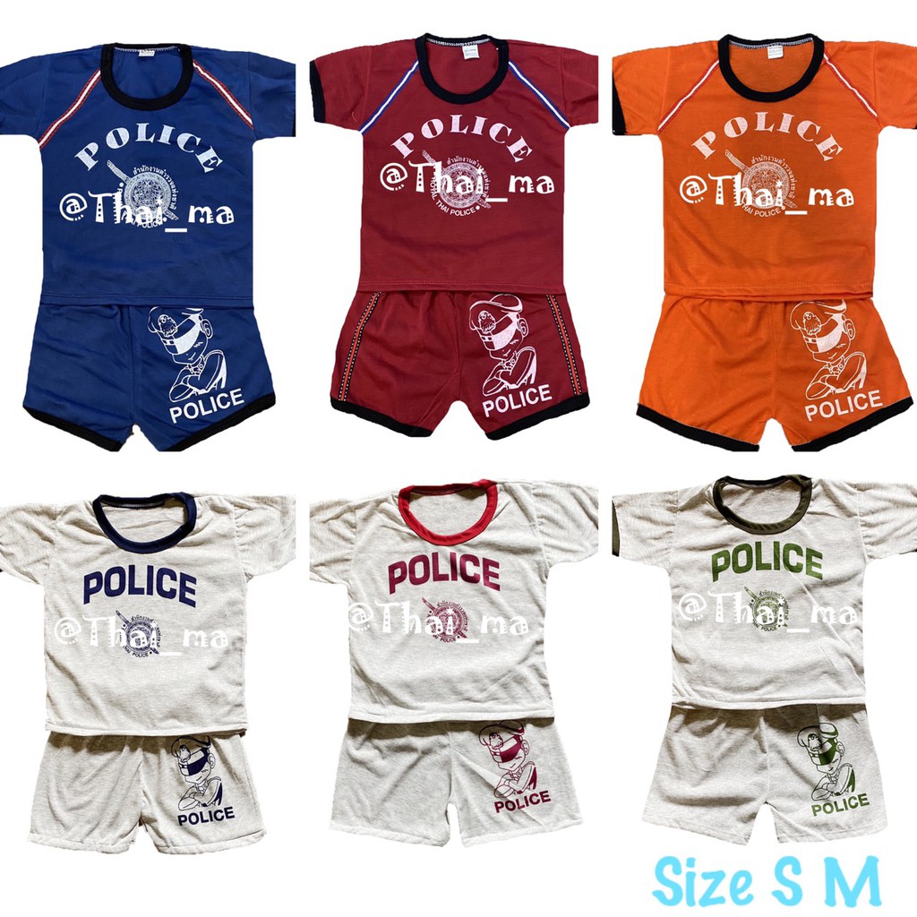 ชุดตำรวจเด็ก แดง-ขาว เสื้อยืดและกางเกง สำหรับเด็กอายุ 6 เดือน - 6 ปี { Size S M L }