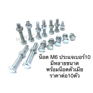 สกรูหัวหกเหลี่ยม น็อตหกเหลี่ยม M6 พร้อมน็อตตัวเมีย ประแจเบอร์10 มีหลายขนาด ราคาต่อ10ตัว