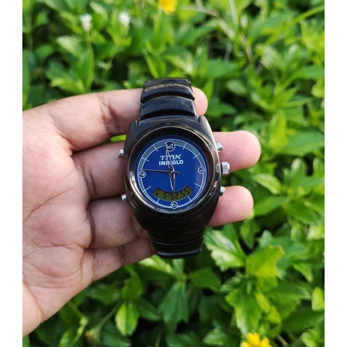 RARE TIMEX TMX MEN'S QUARTZ BLUE DIAL ANALOG DIGITAL Watch ( มือสอง​ )​ สภาพ​ใหม่