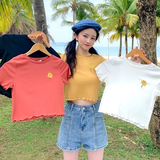 เสื้อยืดคอกลม แขนสั้น ปักลายดอกเบญจมาศ แบบเรียบ ขนาดเล็ก แฟชั่นสําหรับผู้หญิง เสื้อครอป