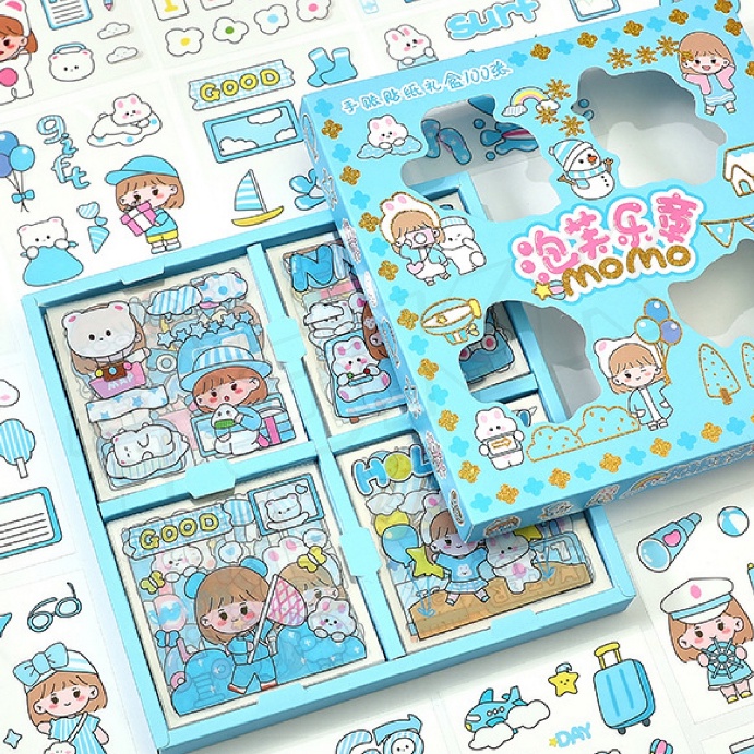 พร้อมส่ง สติ๊กเกอร์ 100แผ่น พร้อมกล่อง รุ่น St-2392 Sticker PVC น่ารักกันน้ำ สําหรับตกแต่ง ไดอารี่ สติ๊กเกอร์ไดคัท