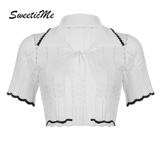 Sweeticme เสื้อคาร์ดิแกน แขนสั้น ผ้าถัก แต่งรูกลวง สีตัดกัน สําหรับผู้หญิง 2022