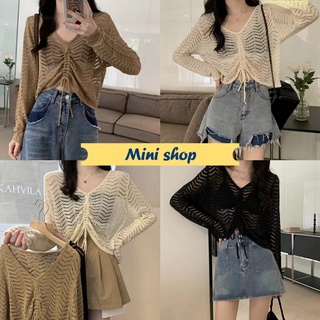 Mini shop🌸พร้อมส่ง🌸(4Y008) เสื้อถักไหมพรมแขนยาว คอวี ดีเทลรูดตรงกลางเซ็กซี่ -C