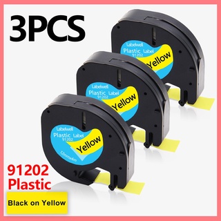 3PK 91202 Tapes Compatible for Dymo LetraTag 91222 91332 Plastic label Tapes 12mm Black on Yellow LT-100H Label Maker