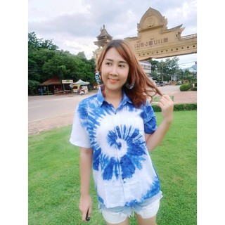 เสื้อเชิ้ตมัดย้อม ผ้าสปัน ย้อมคราม ลายช้างน้อย