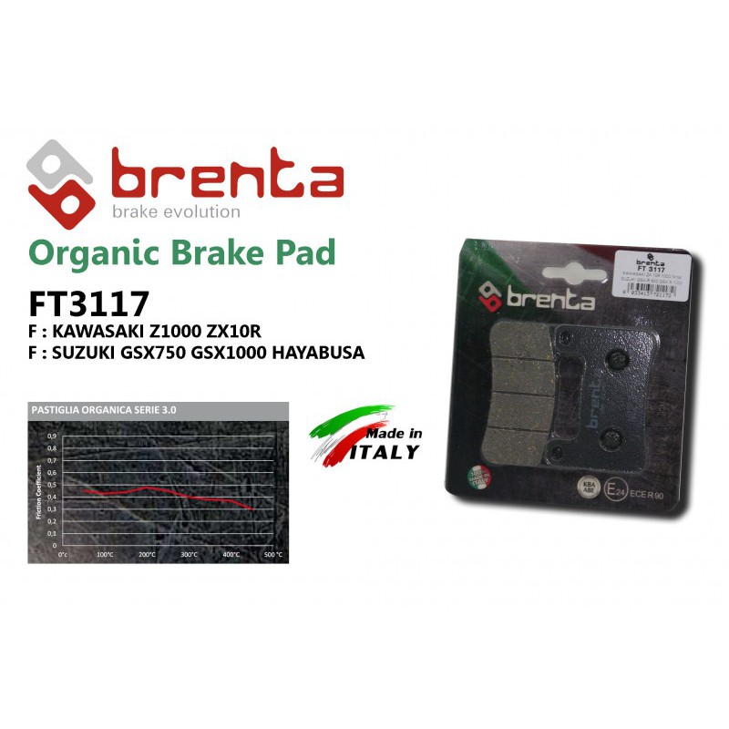 ผ้าเบรคหน้า Brenta FT3117  Z1000 Y10>, ZX10R Y08>, GSX750/1000 Y04-11, HAYABUSA Y08>