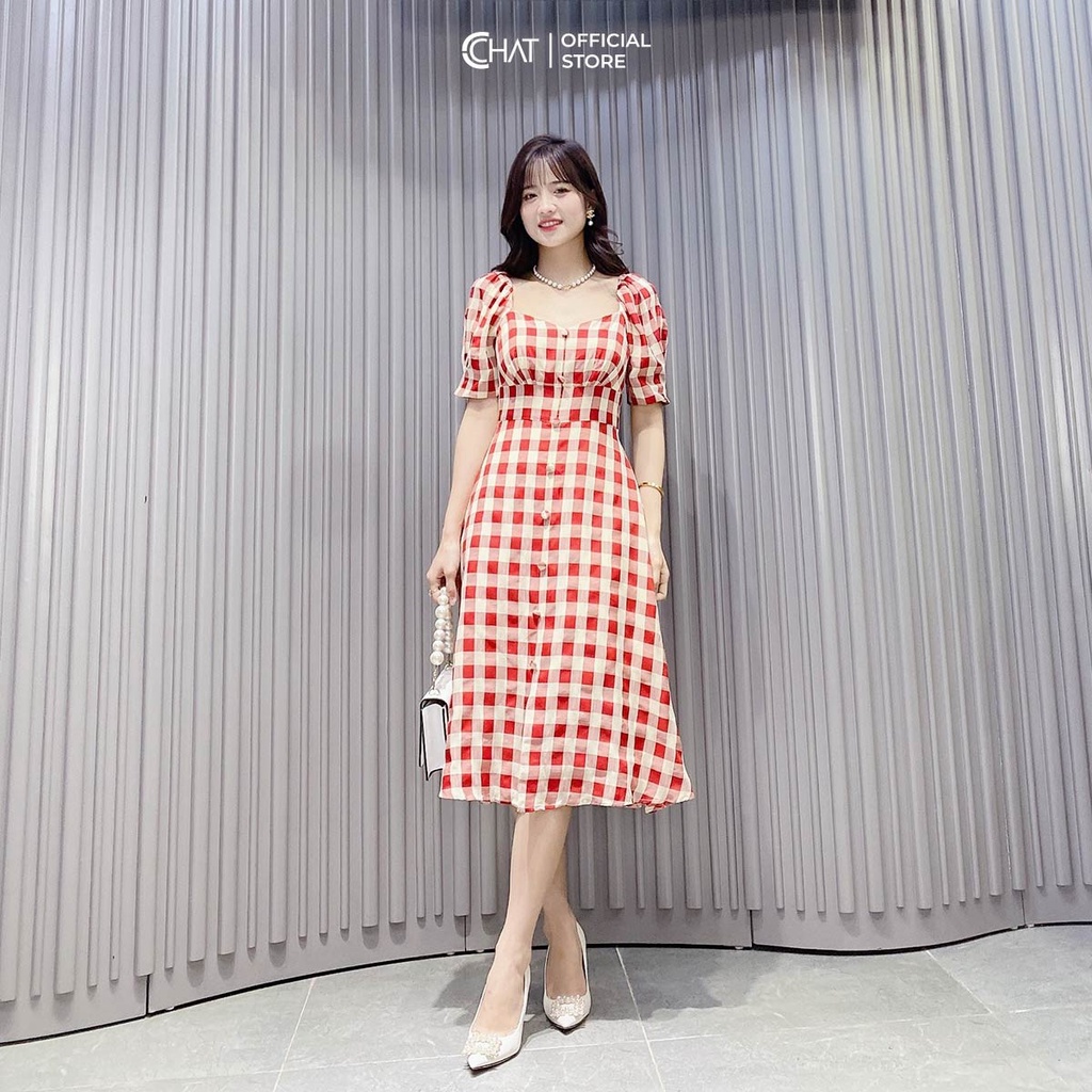 ชุดเดรสผู้หญิง CCHAT ลายคอปกราชินีแขนสั้นสไตล์อ่อนเยาว์หรูหรา 12VND5022XT