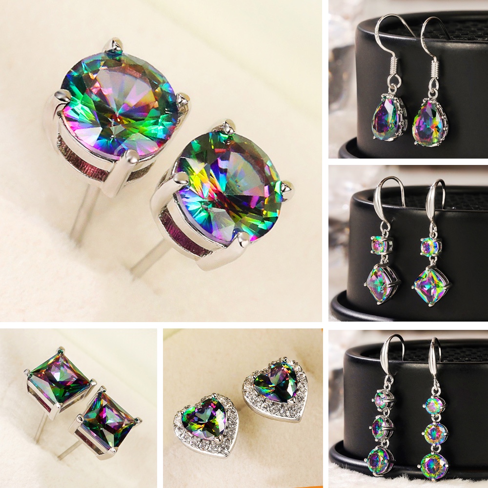 100% 925 เงินสเตอร์ลิงคลาสสิก Four Claw Design Multicolor CZ Stud ต่างหูผู้หญิงสไตล์หญิงอุปกรณ์เสริมทุกวันสวมใส่เครื่องประดับอเนกประสงค์