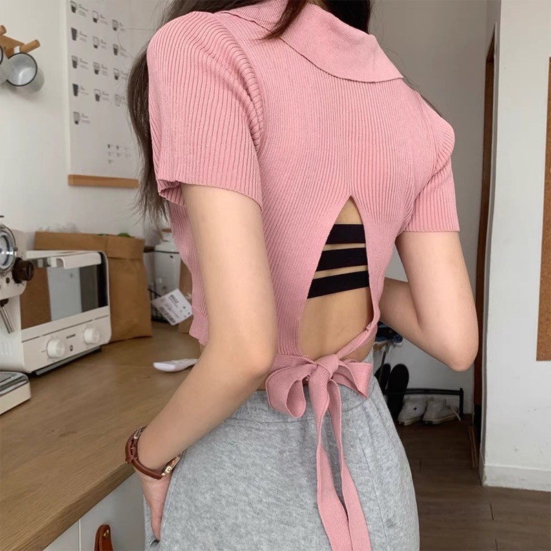 ❅1ldk🌈พร้อมส่ง🌈เสื้อยืดคอปกมีสายผูกเอวด้านหลัง(9157)