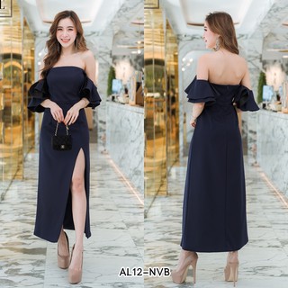 (S-2XL) ชุดเดรสยาวเปิดไหล่ เว้าผ่าหน้าสูง สีกรม IAL12