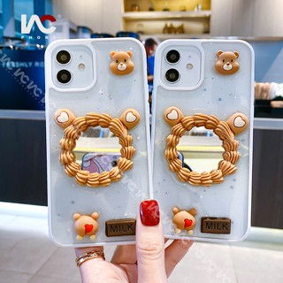 เคสโทรศัพท์มือถือนิ่ม ลายหมีน่ารัก 3D พร้อมกระจกแต่งหน้า สําหรับ iPhone 14ProMax 14Max 13ProMax 13 12 ProMax 12 11 X Max 8P