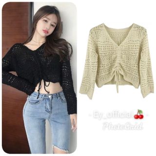 Ey_official​ #5833-1#พร้อม​ส่ง​เเสื้อลูกไม้​ลายถักเเขนยาวแต่งเชือกรูดด้านหน้าสุดเก๋