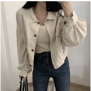 พร้อมส่ง 💫 linin beige shirt C1451 เสื้อเชิ้ตกระดุมใหญ่ เสื้อเชิ้ตแขนยาว มี 2 ชิ้น