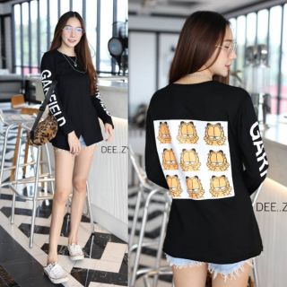 《พร้อมส่ง》เสื้อยืดแขนยาวดีเทลผ่าหน้าสกรีนลายกาฟิล