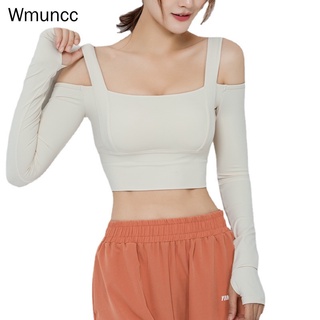 Wmuncc เสื้อยืดแขนยาว เปิดไหล่ รัดรูป เหมาะกับใส่เล่นโยคะ วิ่งออกกําลังกาย สําหรับผู้หญิง