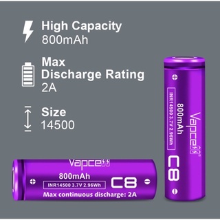 ถ่านชาร์จVapcell INR14500 C8 3.7V 2.96Wh 800mAh ของแท้