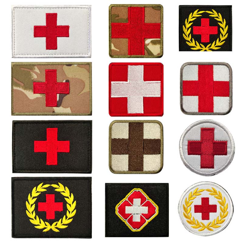 1pcs Red Cross เย็บปักถักร้อย Appliques Hook และ Loop Patch,First Aid MED Medic Rescue ทหารยุทธวิธีบนกระเป๋าเป้สะพายหลัง Armband Badge