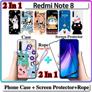 2 IN 1 เคส Redmi Note 8 พร้อมกระจกนิรภัยโค้ง ป้องกันหน้าจอเซรามิค แมวและโดราเอมอน