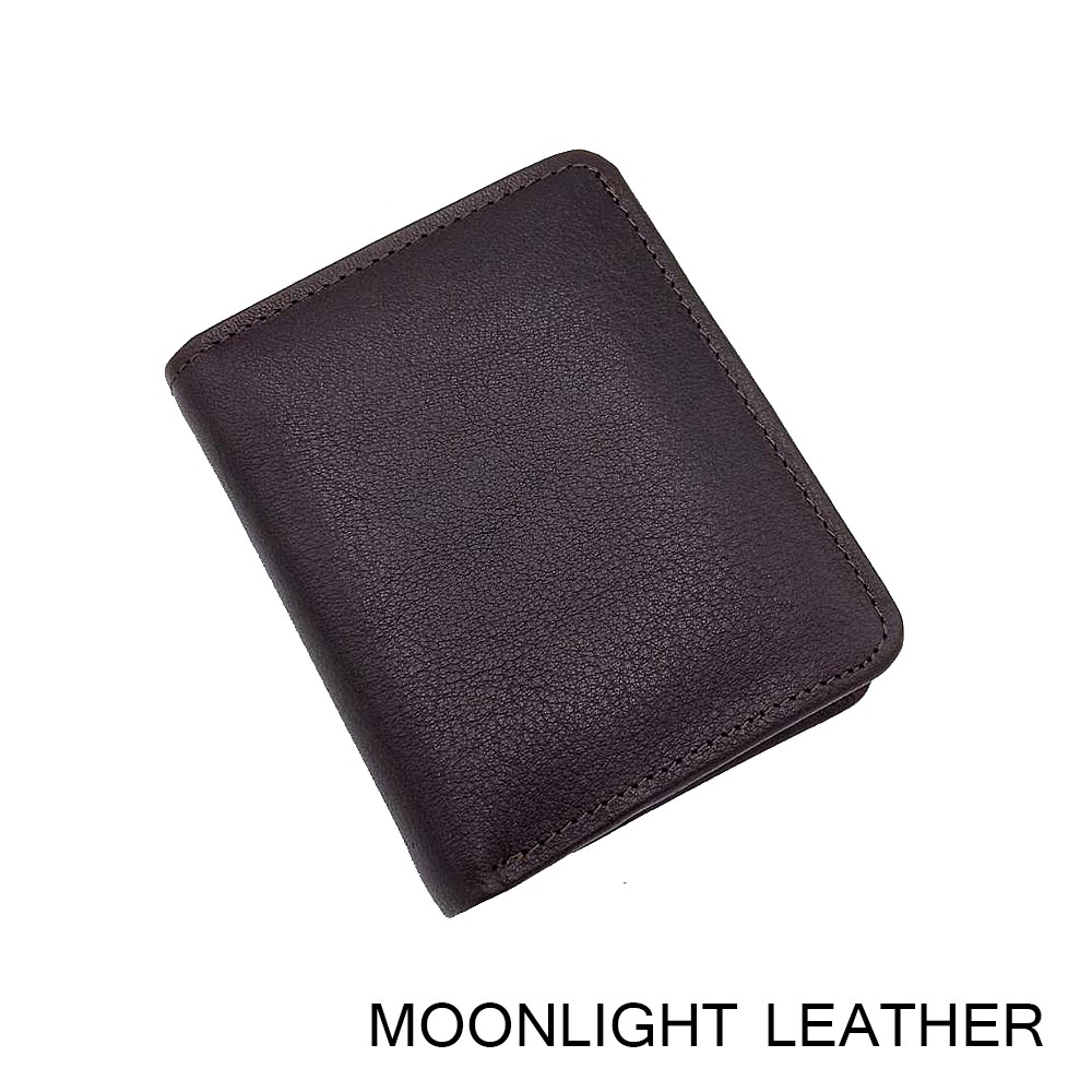 กระเป๋าสตางค์หนังวัวแท้ ทรงตั้งขนาดเล็กกระทัดรัด แบรนด์ Moonlight รุ่น Eric สีน้ำตาลเข้ม สวย ทน เบาบาง พร้อมกล่องแบรนด์