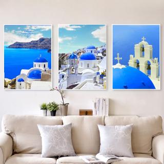 Santorini Scenery โปสเตอร์สีฟ้าทะเลไม่มีกรอบสําหรับติดตกแต่งผนังบ้าน