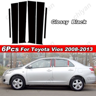 สติกเกอร์ฟิล์มติดเสากระจกหน้าต่างรถยนต์ สีดํามันวาว สําหรับ Toyota Vios 2008 2009 2010 2011 2012 2013 Gen 2th g2 6 ชิ้น