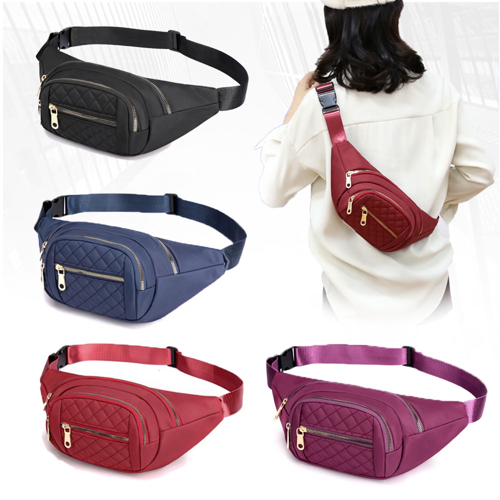 (W158)กระเป๋าคาดเอวผ้าไนล่อน กันน้ำ แต่งซิปสีทอง4ซิป vgetbag