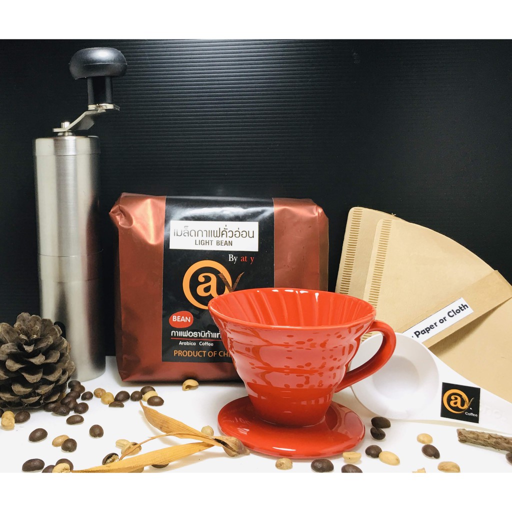 ชุดที่ a93 แก้วดริปเซรามิค สีแดง 1-2 ที่/ช้วนตวงกาแฟ/กระดาษกรอง/เครื่องบดกาแฟมือหมุน/@y Coffee เมล็ด