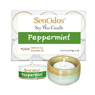 SenOdos  เทียนหอมอโรม่า กลิ่นเปปเปอร์มิ้นท์ Peppermint กลิ่นหอมสดชื่น 15 g (6 ชิ้น) + เชิงเทียน ถ้วยวางเทียน ศิลาดล