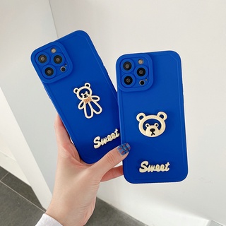 เคส Oppo A16 A74 A53 A33 A31 A9 A5 2020 A3s A7 A5S A12 A11K Reno6 Reno5 Reno 6 5 Pro 4G 5G F11 Realme C1 Cute Cartoon Line Bear 3D Style Klein Blue Soft Phone Back Case