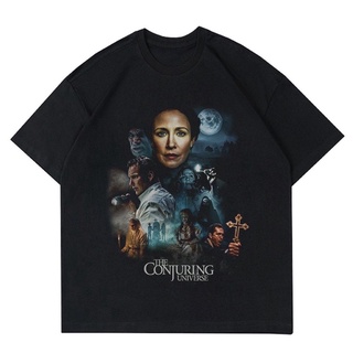 เสื้อยืดสีขาวเสื้อยืด พิมพ์ลายจักรวาล FILM HORROR THE CONJURING | เสื้อยืด พิมพ์ลายภาพยนตร์สยองขวัญ | เสื้อผ้า FILM สไตล