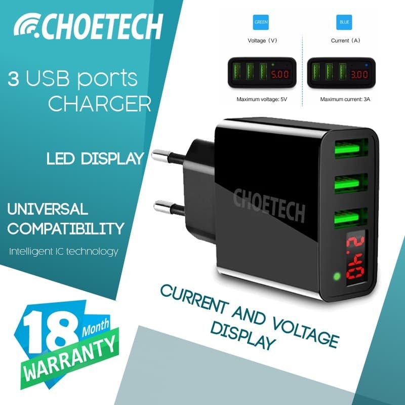 CHOETECH C0027 BK Charger Universal 3 Port LED Display Smart Charging