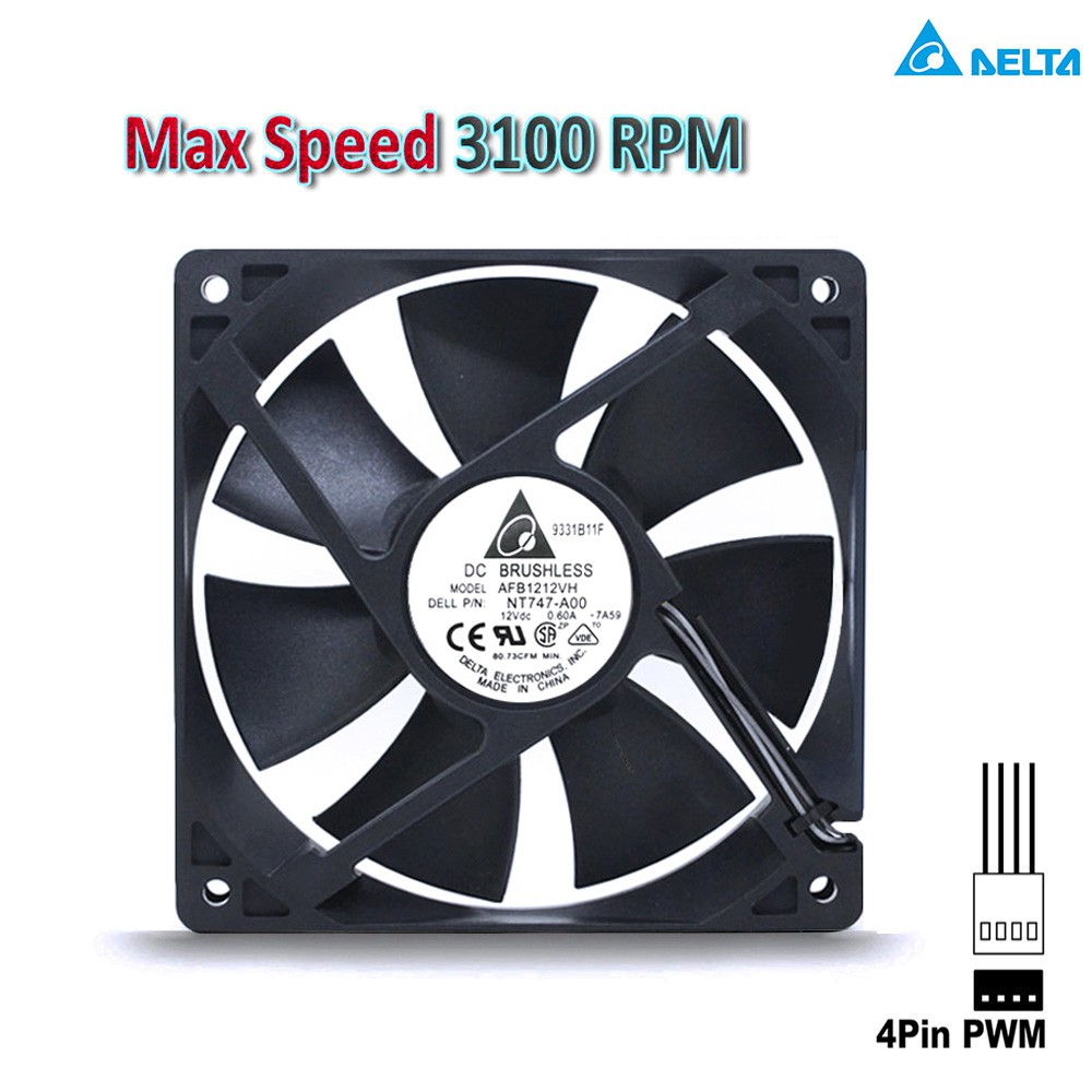 Ventilateur Delta AFB1212VH PWM 120mm - 12V, 0.60A, 4 Pins, 120x120x25mm, Neuf