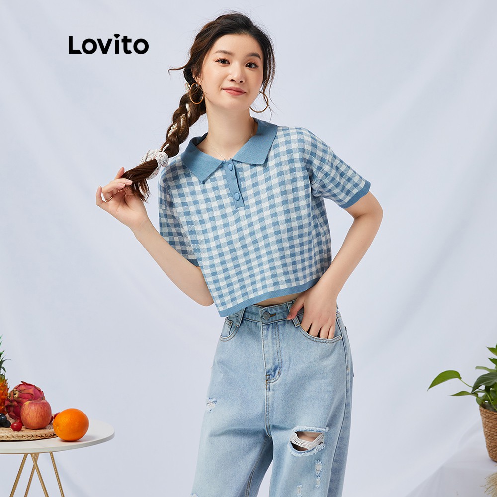 (สินค้าแนะนำโดย KOL) เสื้อโปโลผู้หญิง Lovito ลายตารางหมากรุกแบบมีกระดุมและสีตัดกัน ยืดหยุ่นเล็กน้อย 