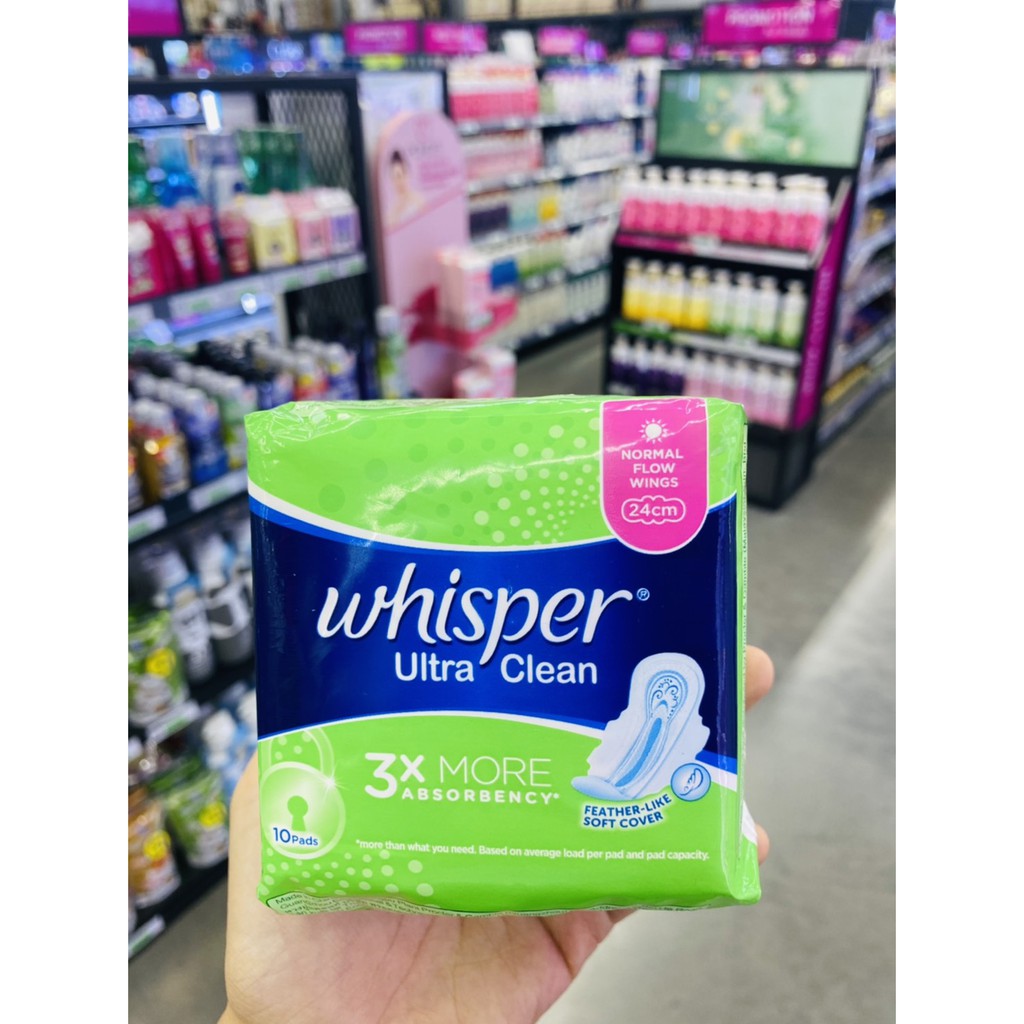 หมด: Whisper Ultra Clean (10 ชิ้น) ผ้าอนามัย วิสเปอร์ อัลตร้า คลีน วันธรรมดา 24 ซม. (แบบมีปีก)