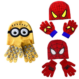 Children Spiderman Minions Cartoon Knitted Hat Gloves Winter Warm Suit 1-6 Years