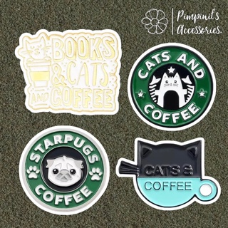 ʕ •ᴥ•ʔ ✿ พร้อมส่ง : เข็มกลัดเซ็ทสุนัข,แมวและแก้วกาแฟ | Dog, Cat &amp; Coffee Cup Enamel Brooch Pin Set.