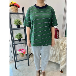 เสื้อยืดสไตล์เกาหลี แขนสั้น สีเขียวขวางกรม คอปีนดำ ไซส์ใหญ่ ขนาดใหญ่ XL XXL 2XL