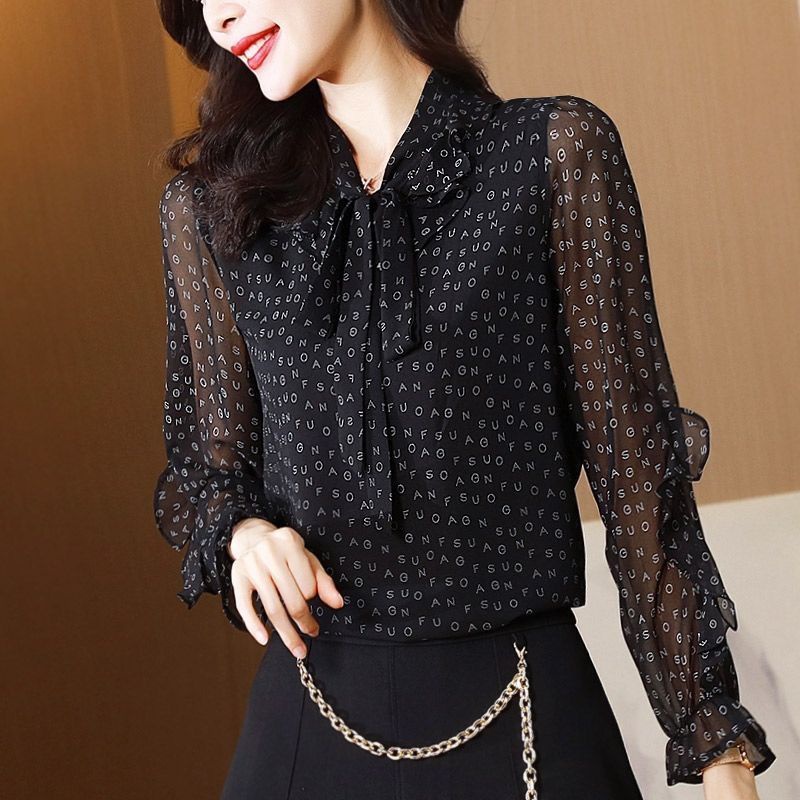 Elegant Office Lady Bow Gauze เสื้อชีฟองวินเทจผู้หญิงฤดูใบไม้ผลิแขนยาวพิมพ์เสื้อสีดํา
