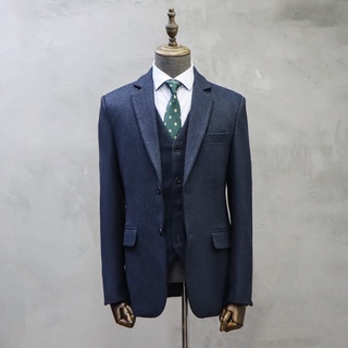 KINGMAN Casual Blue Suits Herringbone Dress Men Suite สั่งตัดสูท สูทสั่งตัด ตัดสูท งานคุณภาพ สูทชาย สูทหญิง สูท