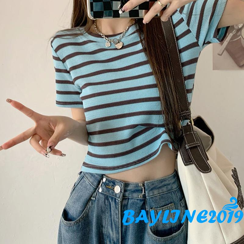 Bay-Women Summer Casual Crop Tops, Stripe Printed Short Sleeve Round Neck Knitted Tops #7